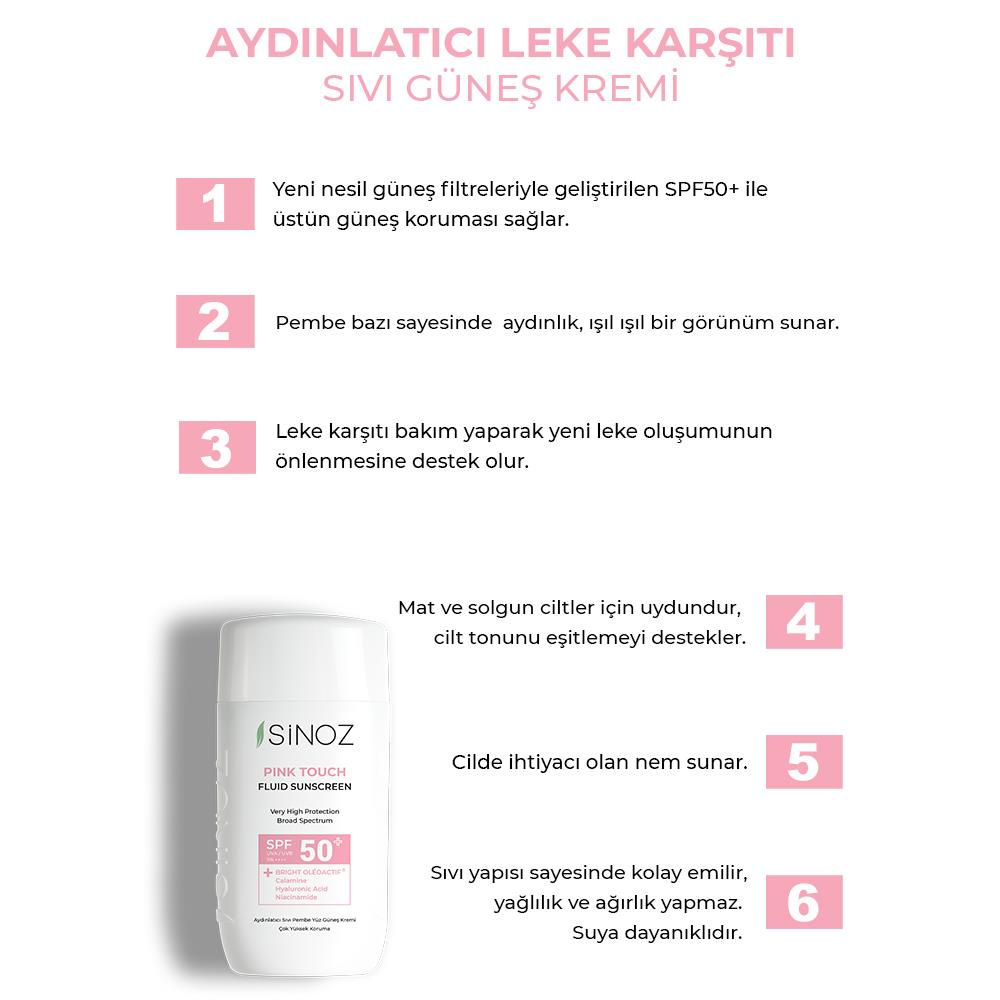 Sinoz Spf50+ Pink Touch Aydınlatıcı Sıvı Güneş Kremi - Yeni Nesil Güneş Filtreleri ile Hibrit Formül 50 ml