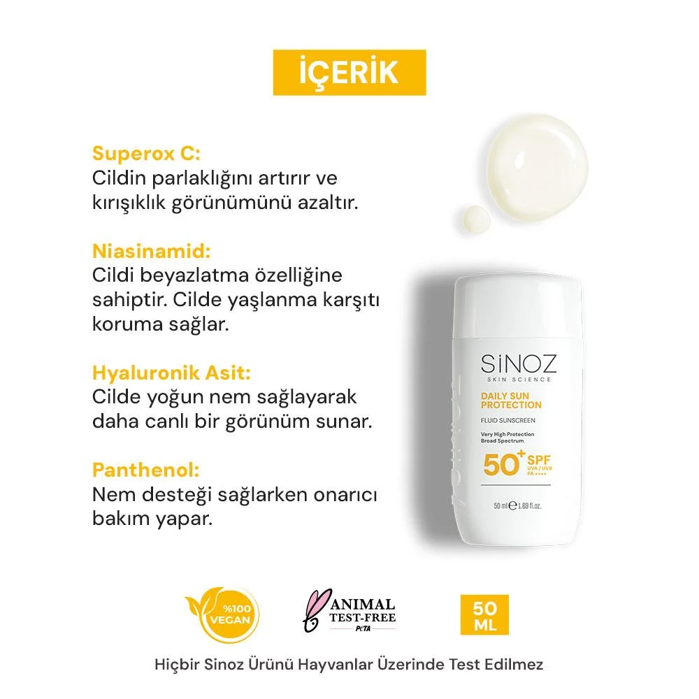 Sinoz Günlük Kullanım Spf50+ Renksiz Sıvı Güneş Kremi 50 ml