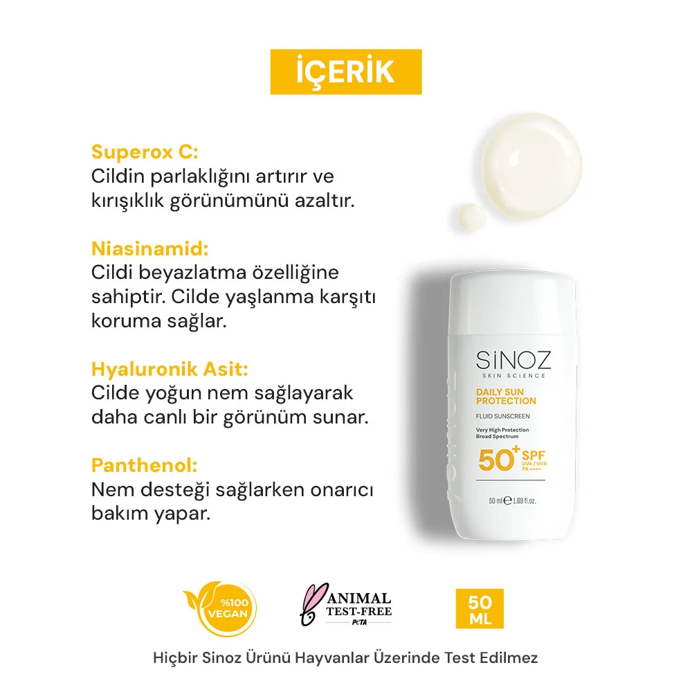 Sinoz Günlük Kullanım Spf50+ Renksiz Sıvı Güneş Kremi 50 ml