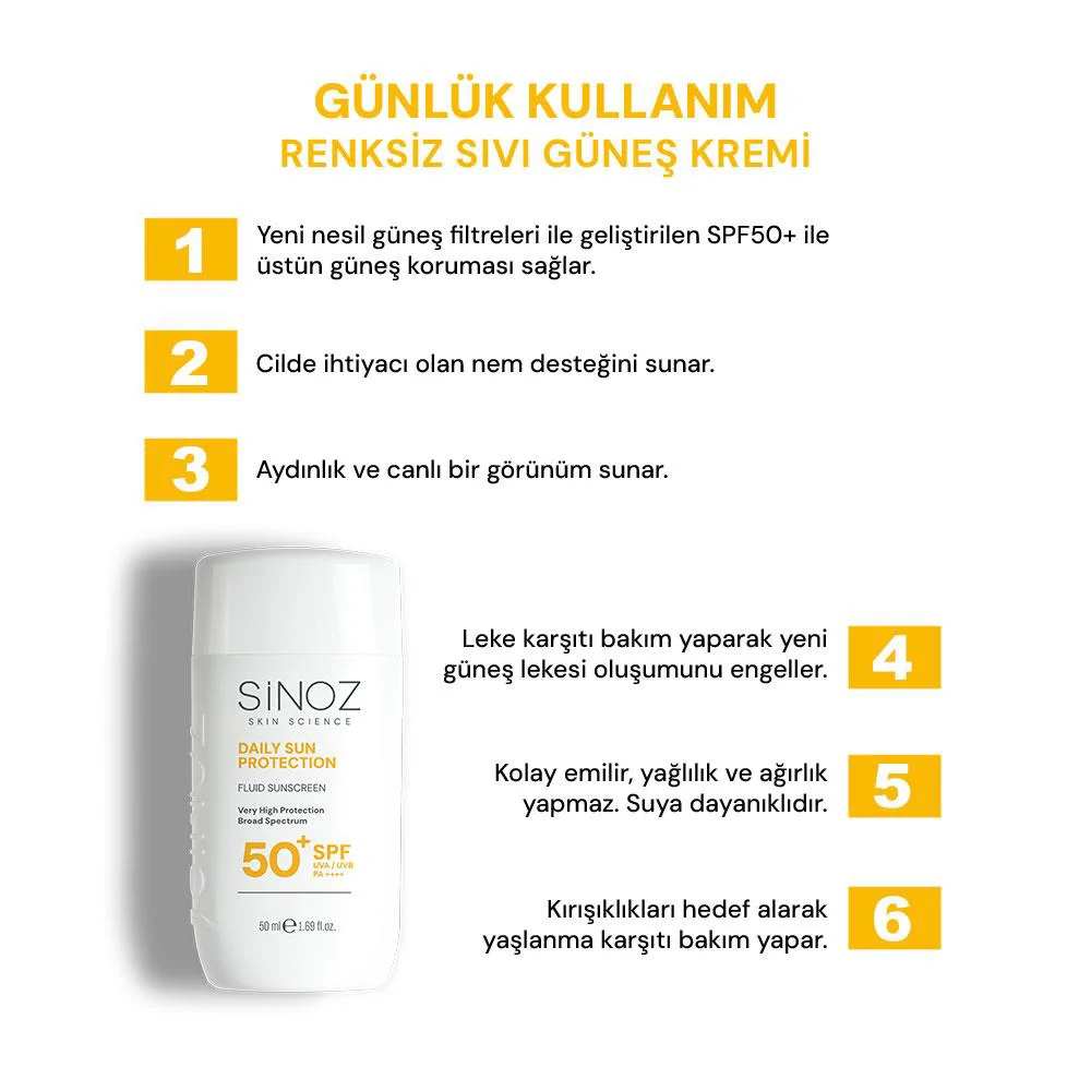 Sinoz Günlük Kullanım Spf50+ Renksiz Sıvı Güneş Kremi 50 ml