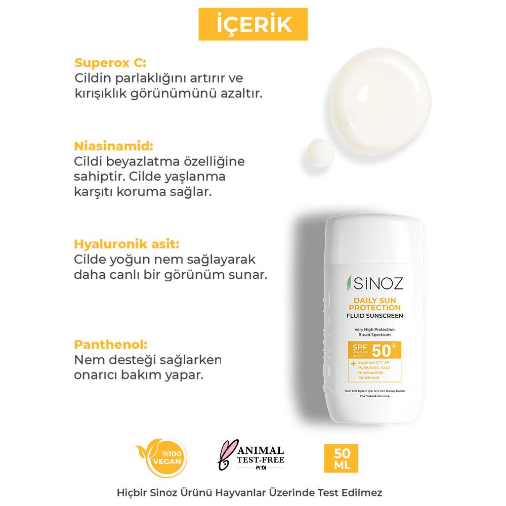 Sinoz Spf50+ Günlük Kullanım Sıvı Güneş Kremi - Yeni Nesil Güneş Filtreleri ile Hibrit Formül 50 ml