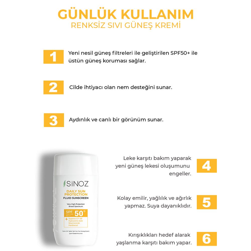 Sinoz Spf50+ Günlük Kullanım Sıvı Güneş Kremi - Yeni Nesil Güneş Filtreleri ile Hibrit Formül 50 ml