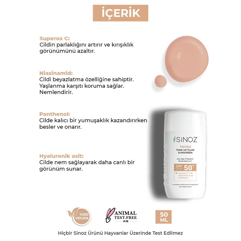 Sinoz Spf50+ Tinted Sıvı Güneş Kremi - Yeni Nesil Güneş Filtreleri ile Hibrit Formül 50 ml