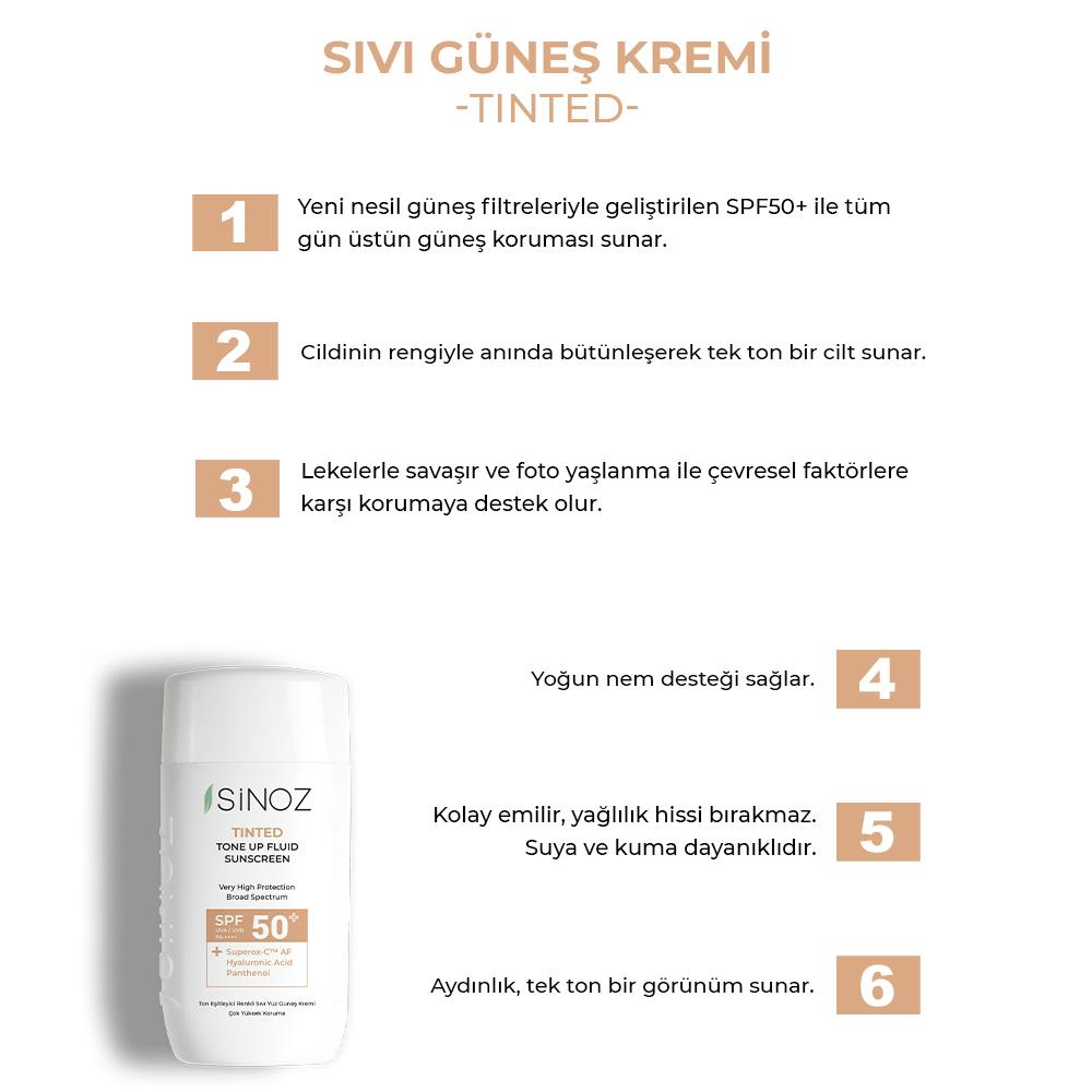 Sinoz Spf50+ Tinted Sıvı Güneş Kremi - Yeni Nesil Güneş Filtreleri ile Hibrit Formül 50 ml