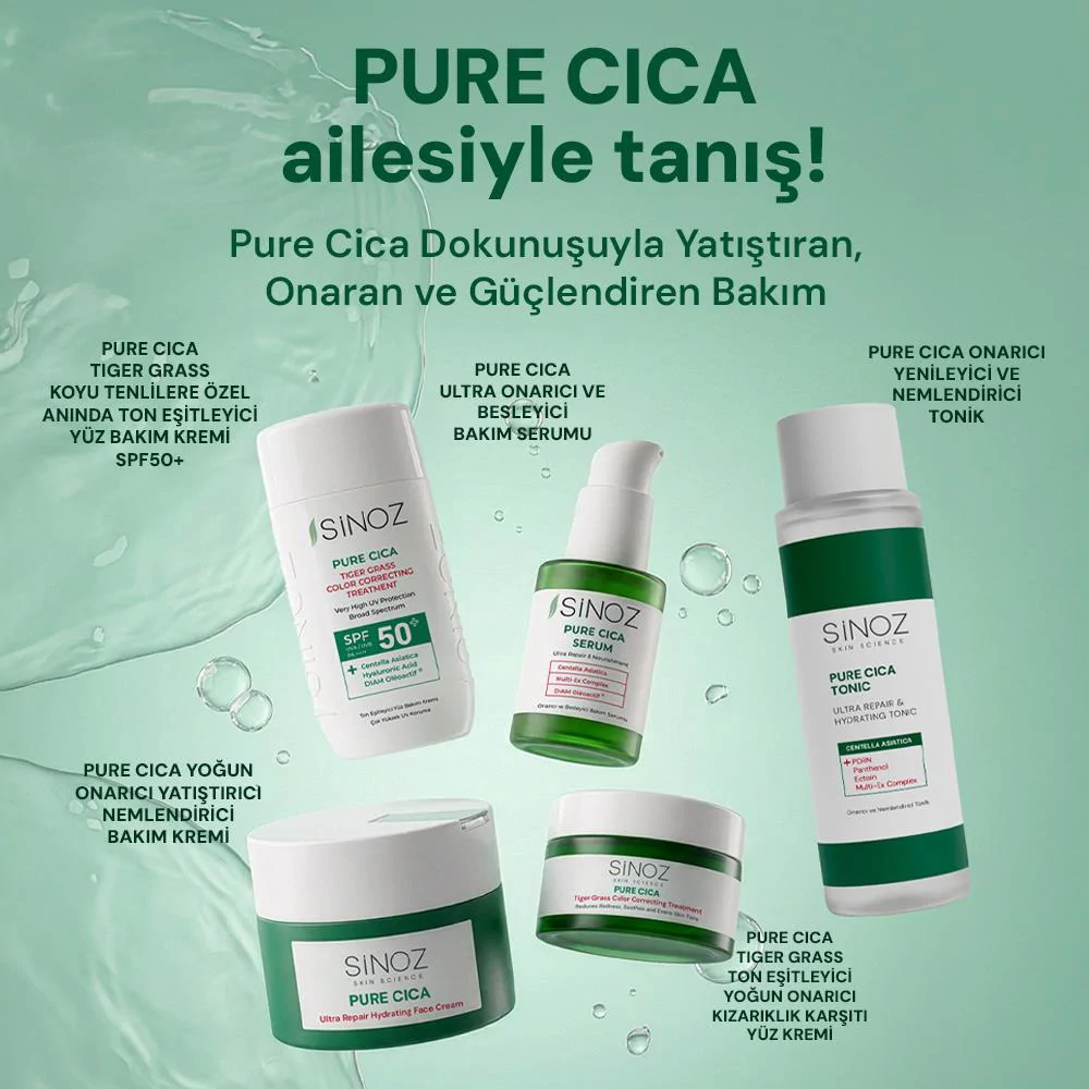 Sinoz Pure Cica Tiger Grass Anında Ton Eşitleyici Sıvı Güneş Kremi SPF50+ Mineral Güneş Filtreleri 50 ml	