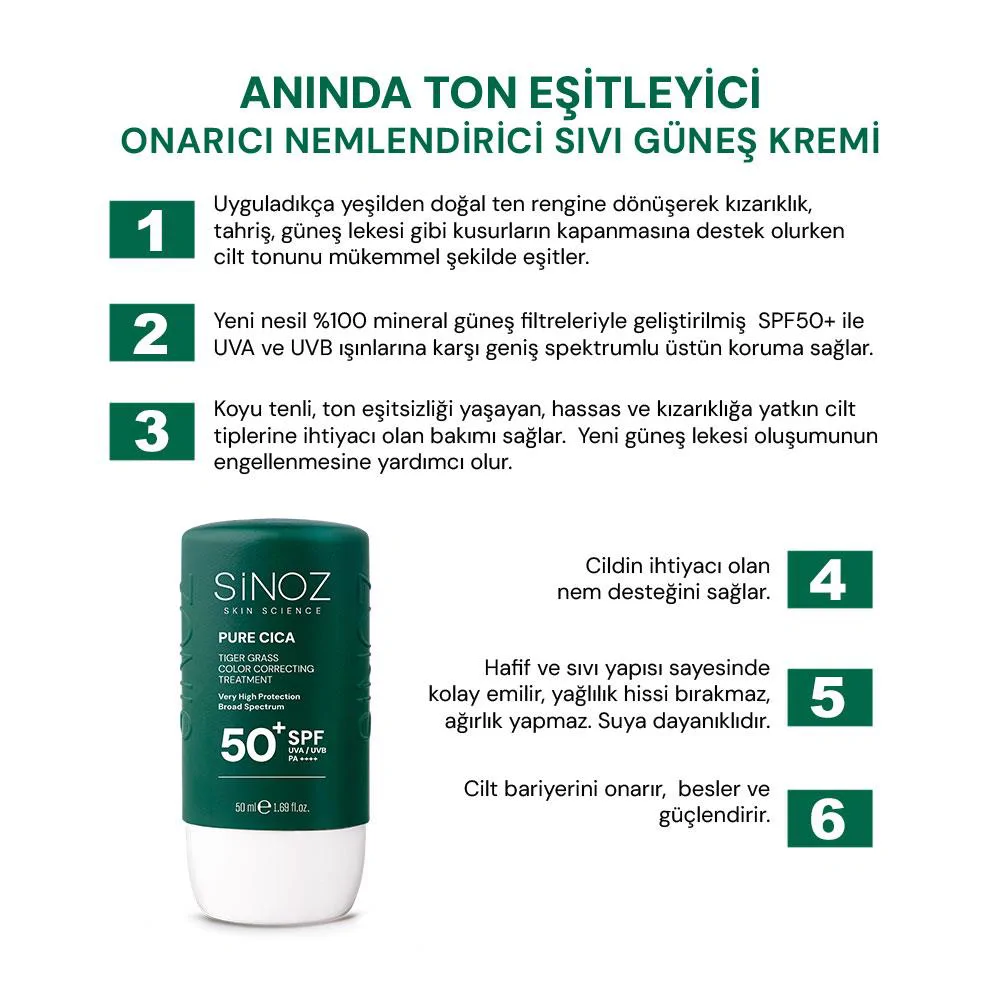 Sinoz Pure Cica Tiger Grass Anında Ton Eşitleyici Sıvı Güneş Kremi SPF50+ Mineral Güneş Filtreleri 50 ml	