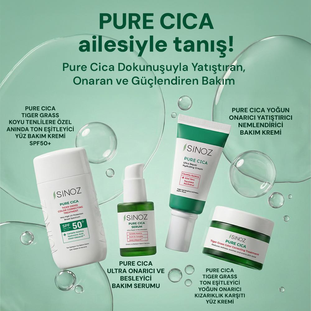Sinoz Pure Cica Tiger Grass Anında Ton Eşitleyici Sıvı Güneş Kremi SPF50+ Mineral Güneş Filtreleri 50 ml	