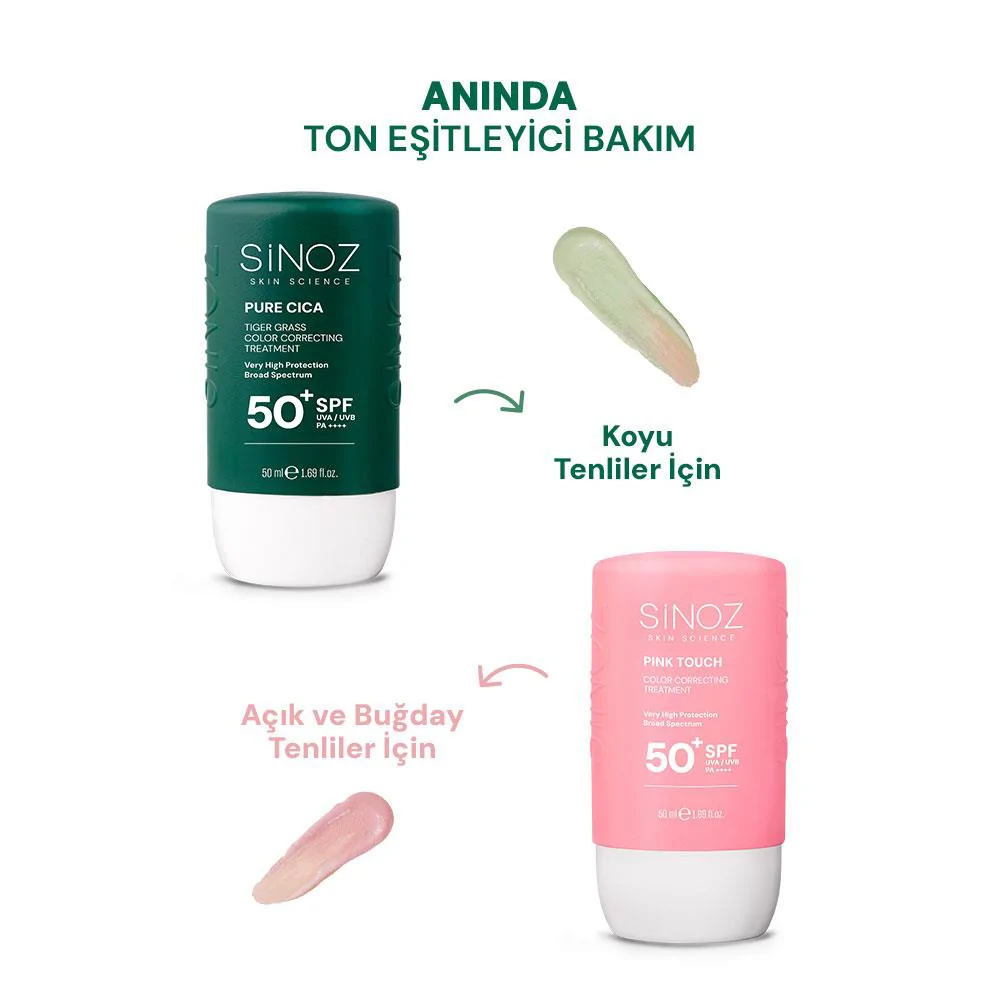 Sinoz Pure Cica Tiger Grass Anında Ton Eşitleyici Sıvı Güneş Kremi SPF50+ Mineral Güneş Filtreleri 50 ml	