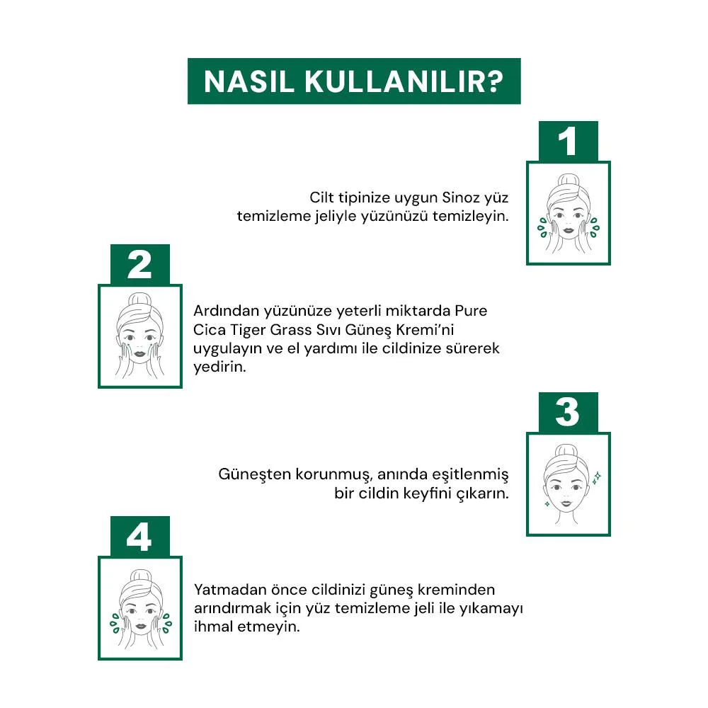 Sinoz Pure Cica Tiger Grass Anında Ton Eşitleyici Sıvı Güneş Kremi SPF50+ Mineral Güneş Filtreleri 50 ml	