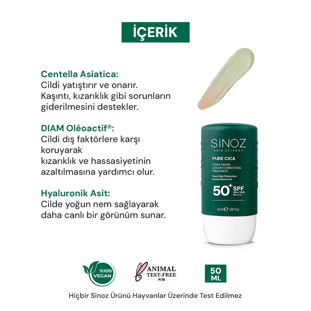 Sinoz Pure Cica Tiger Grass Anında Ton Eşitleyici Sıvı Güneş Kremi SPF50+ Mineral Güneş Filtreleri 50 ml	