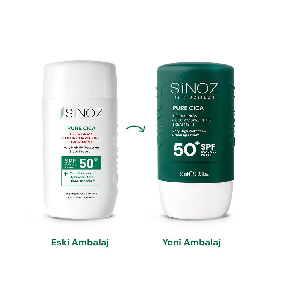 Sinoz Pure Cica Tiger Grass Anında Ton Eşitleyici Sıvı Güneş Kremi SPF50+ Mineral Güneş Filtreleri 50 ml	