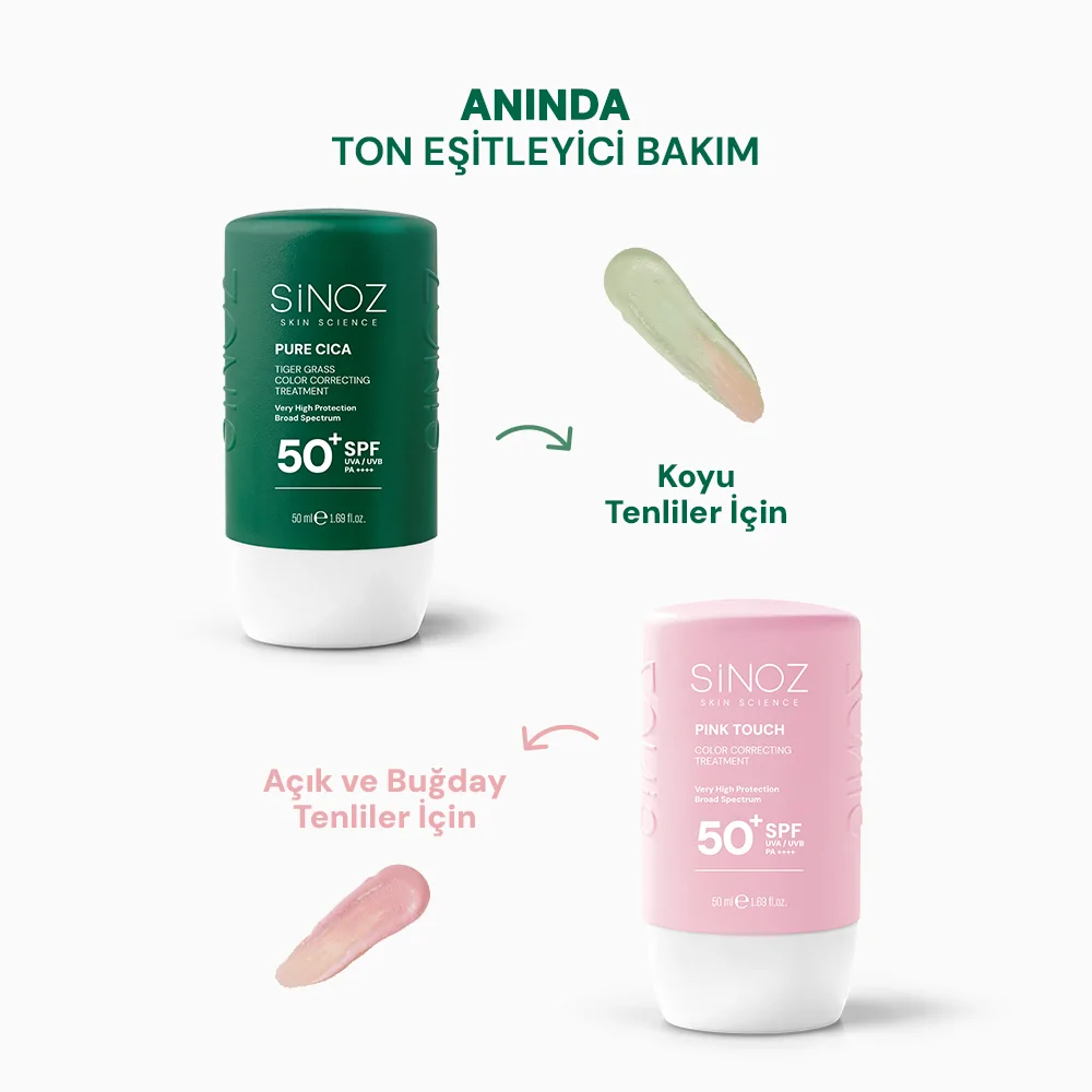 Sinoz Pure Cica Tiger Grass Anında Ton Eşitleyici Sıvı Güneş Kremi SPF50+ Mineral Güneş Filtreleri 50 ml (Koyu Tenler İçin)