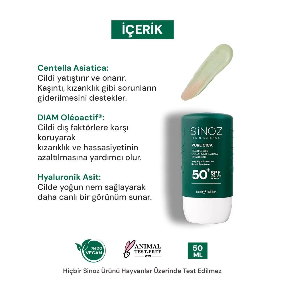 Sinoz Pure Cica Tiger Grass Anında Ton Eşitleyici Sıvı Güneş Kremi SPF50+ Mineral Güneş Filtreleri 50 ml (Koyu Tenler İçin)