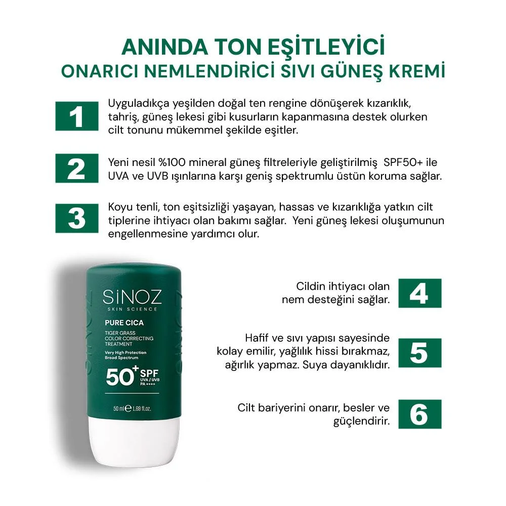 Sinoz Pure Cica Tiger Grass Anında Ton Eşitleyici Sıvı Güneş Kremi SPF50+ Mineral Güneş Filtreleri 50 ml (Koyu Tenler İçin)