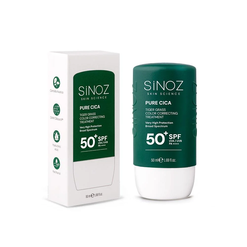 Sinoz Pure Cica Tiger Grass Anında Ton Eşitleyici Sıvı Güneş Kremi SPF50+ Mineral Güneş Filtreleri 50 ml (Koyu Tenler İçin)