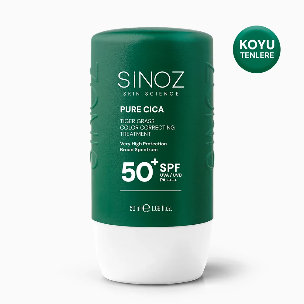 Sinoz Pure Cica Tiger Grass Anında Ton Eşitleyici Sıvı Güneş Kremi SPF50+ Mineral Güneş Filtreleri 50 ml (Koyu Tenler İçin)