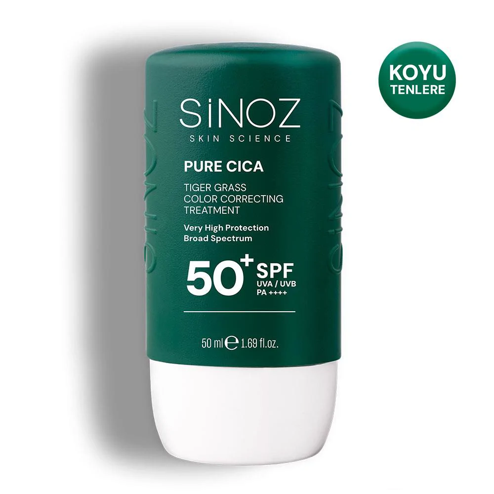 Sinoz Pure Cica Tiger Grass Anında Ton Eşitleyici Sıvı Güneş Kremi SPF50+ Mineral Güneş Filtreleri 50 ml (Koyu Tenler İçin)