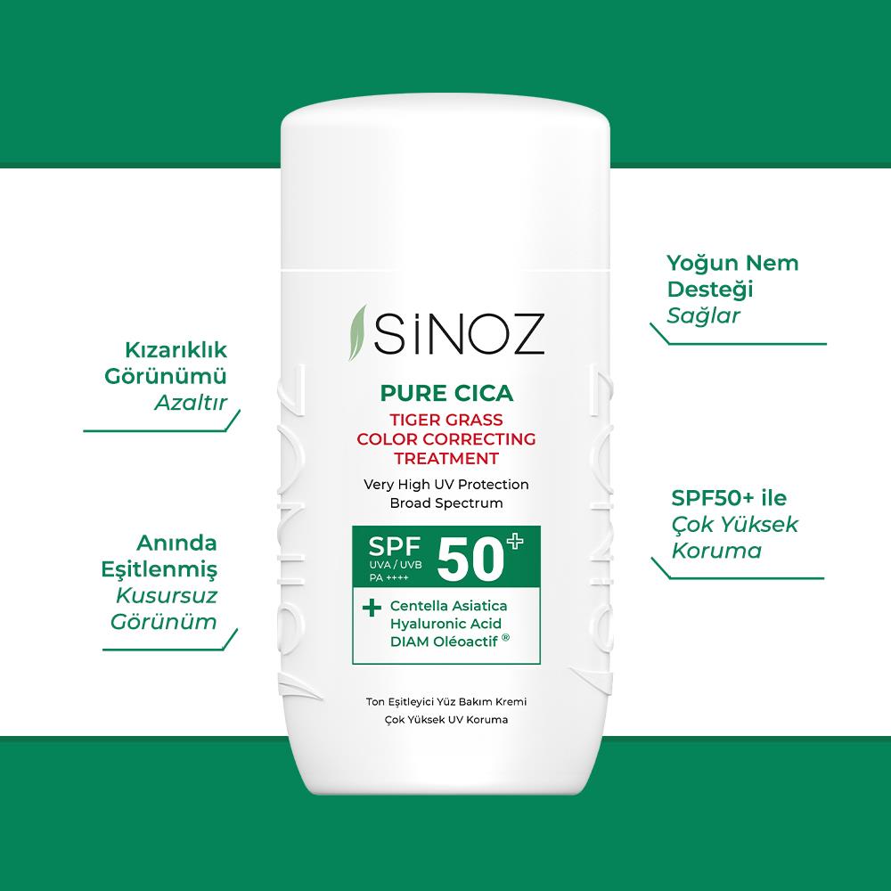 Sinoz Spf50+ Pure Cica Tiger Grass Anında Ton Eşitleyici Fluid Yüz Güneş Kremi - Mineral Filtre 50ml