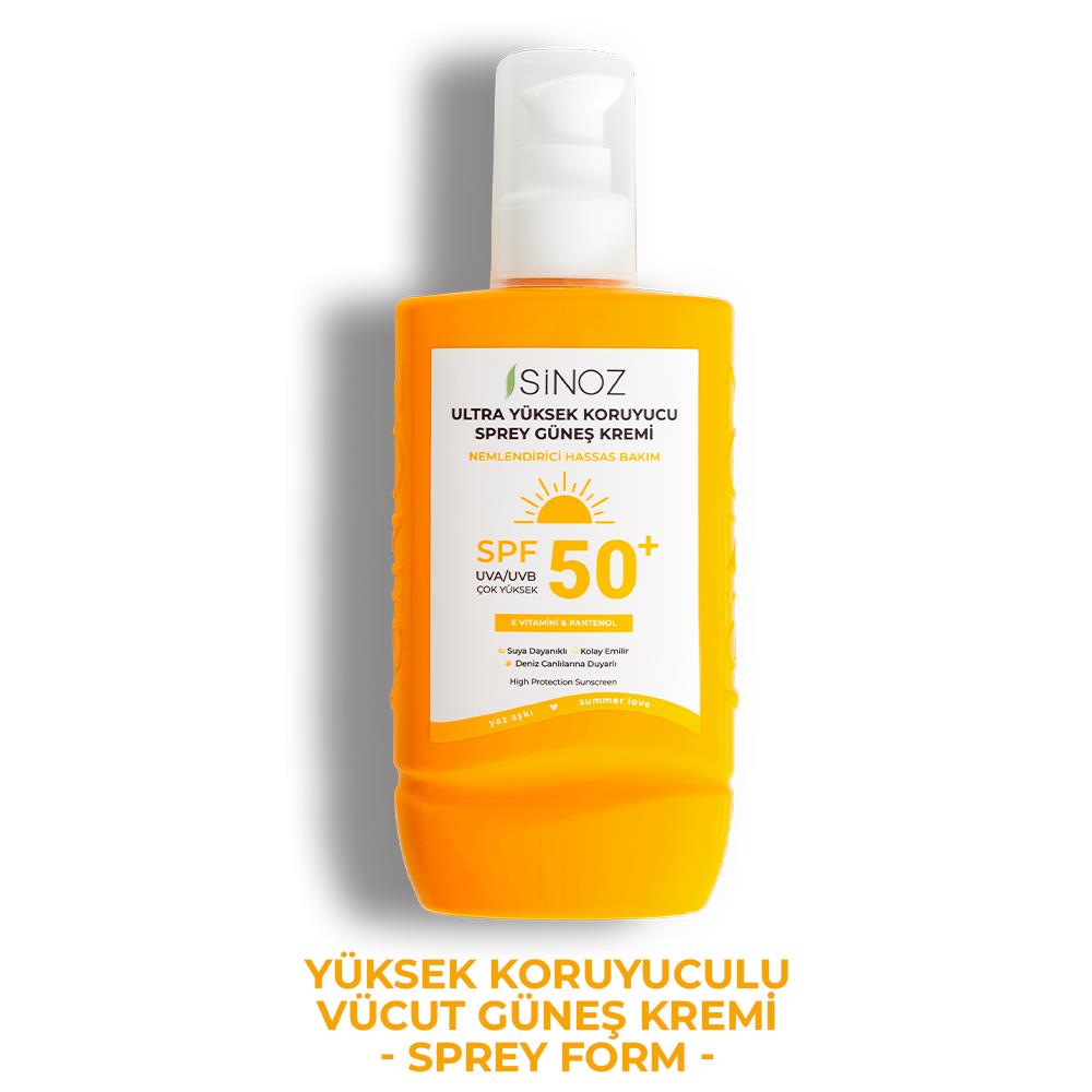 Sinoz Spf 50+ Ultra Yüksek Koruyucu Vücut Güneş Kremi Sprey 200 ml Nemlendirici Hassas Bakım