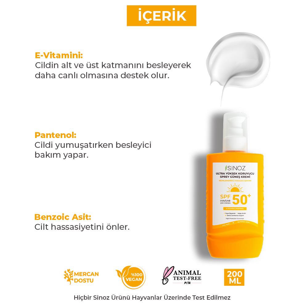 Sinoz Spf 50+ Ultra Yüksek Koruyucu Vücut Güneş Kremi Sprey 200 ml Nemlendirici Hassas Bakım