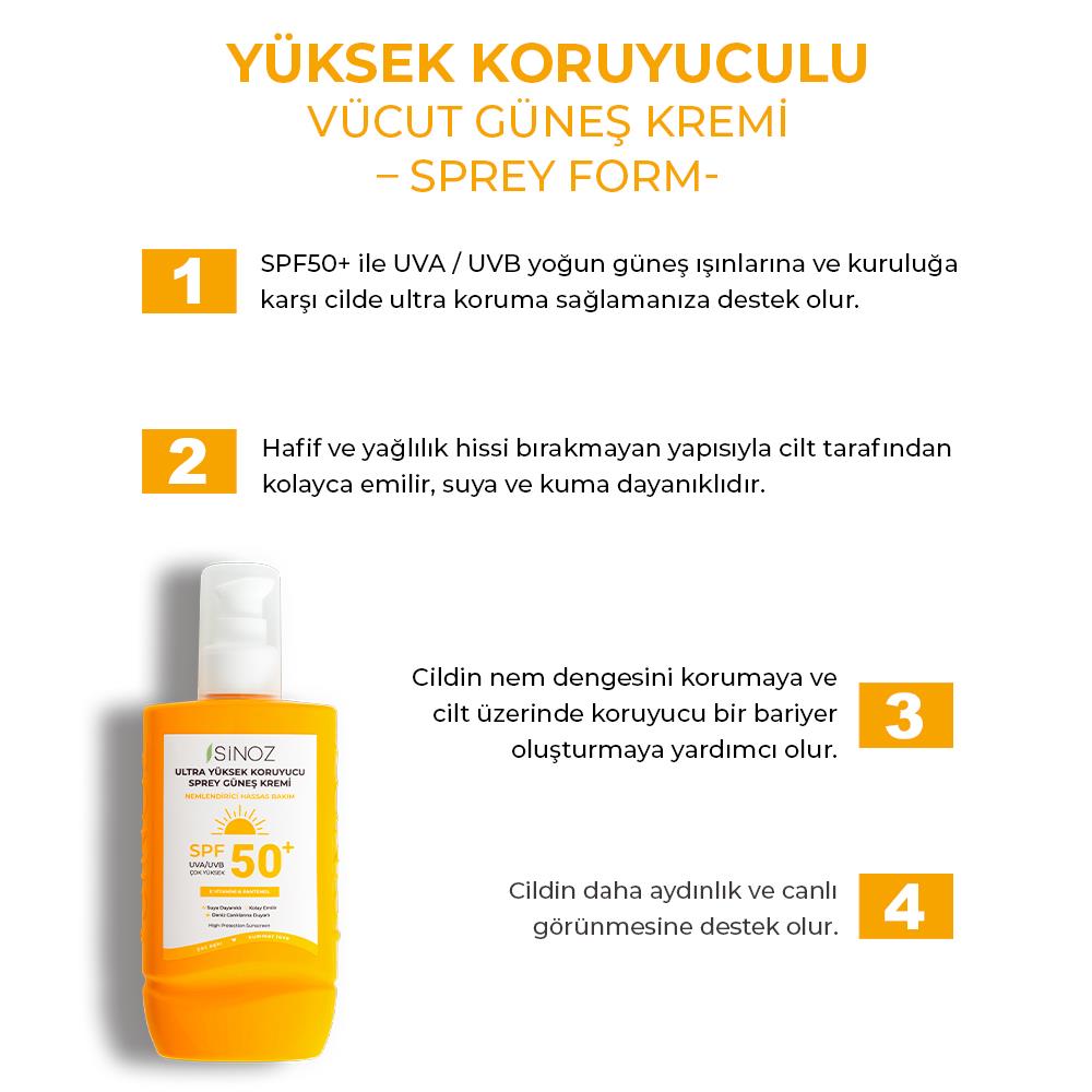 Sinoz Spf 50+ Ultra Yüksek Koruyucu Vücut Güneş Kremi Sprey 200 ml Nemlendirici Hassas Bakım