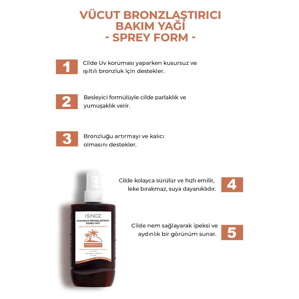 Sinoz Kusursuz Bronzlaştırıcı Güneş Yağı Spreyi 200 ml Hindistan Cevizi Kakao Havuç Yağı İçeren