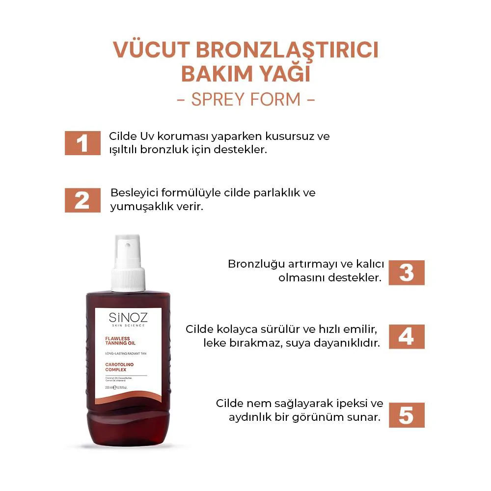 Sinoz Kusursuz Bronzlaştırıcı Güneş Yağı Spreyi - Hindistan Cevizi Kakao Havuç Yağı İçeren 200 ml 