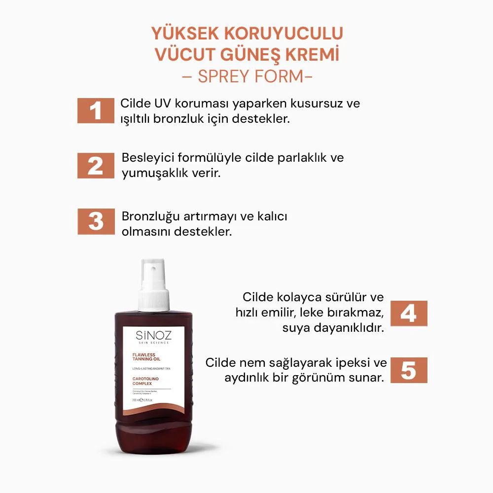 Sinoz Kusursuz Bronzlaştırıcı Güneş Yağı Spreyi - Hindistan Cevizi Kakao Havuç Yağı İçeren 200 ml