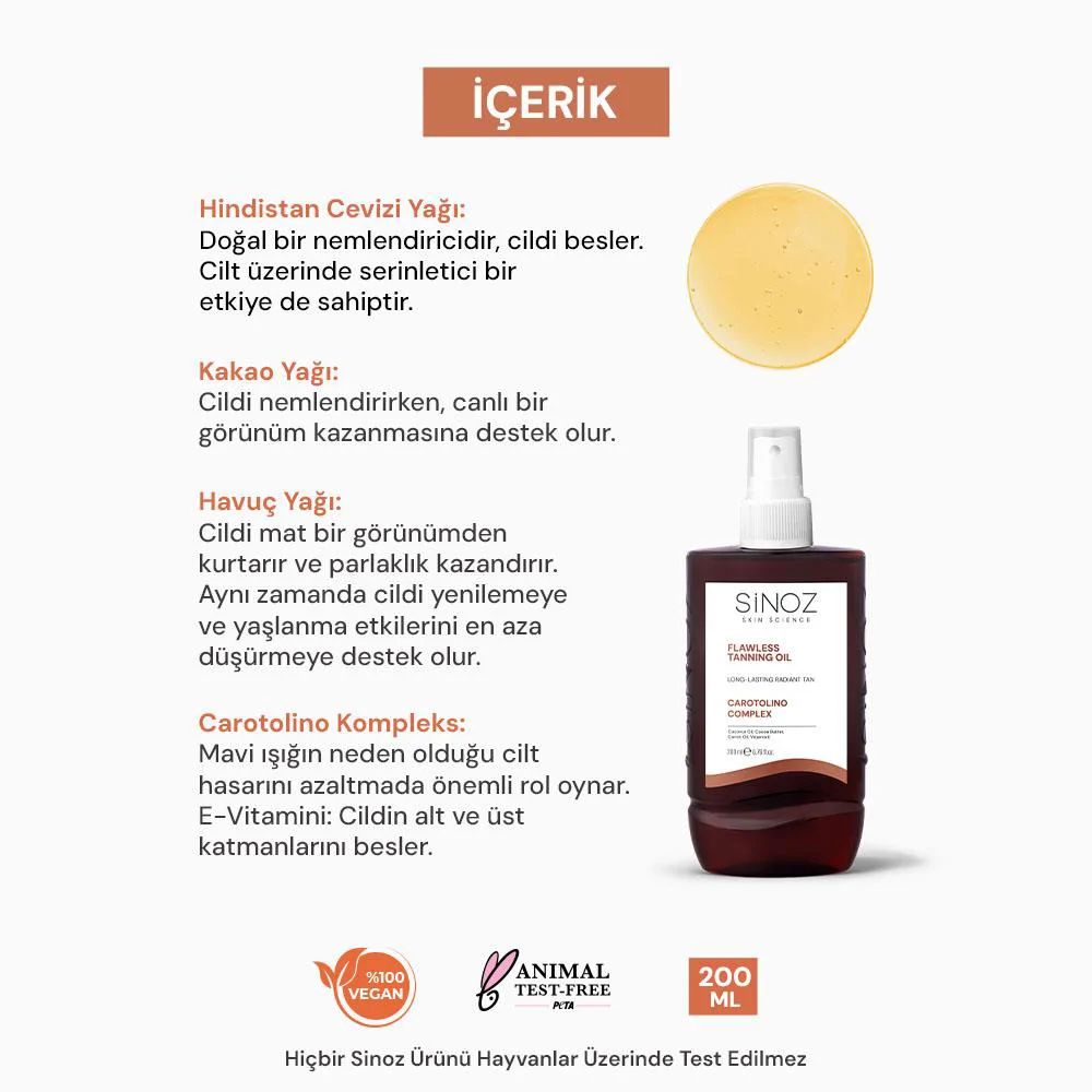 Sinoz Kusursuz Bronzlaştırıcı Güneş Yağı Spreyi - Hindistan Cevizi Kakao Havuç Yağı İçeren 200 ml