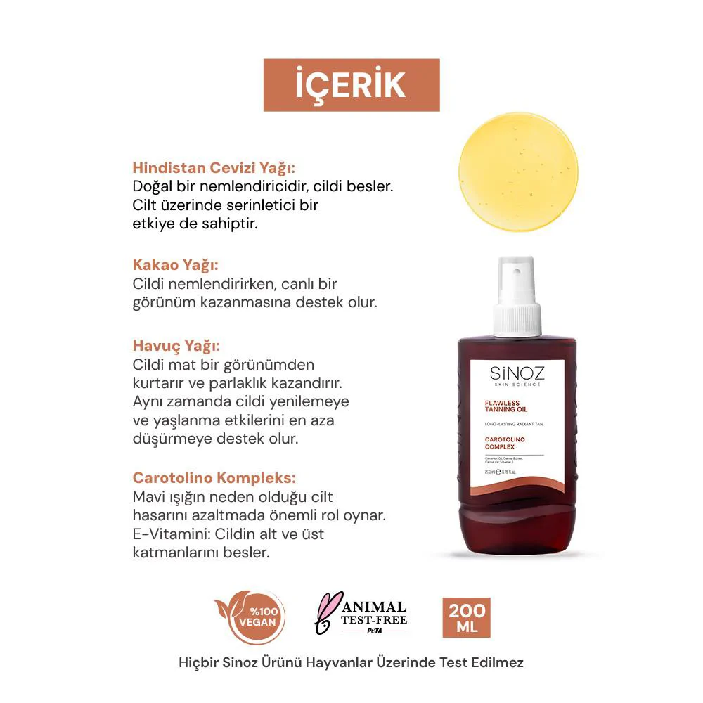 Sinoz Kusursuz Bronzlaştırıcı Güneş Yağı Spreyi - Hindistan Cevizi Kakao Havuç Yağı İçeren 200 ml 