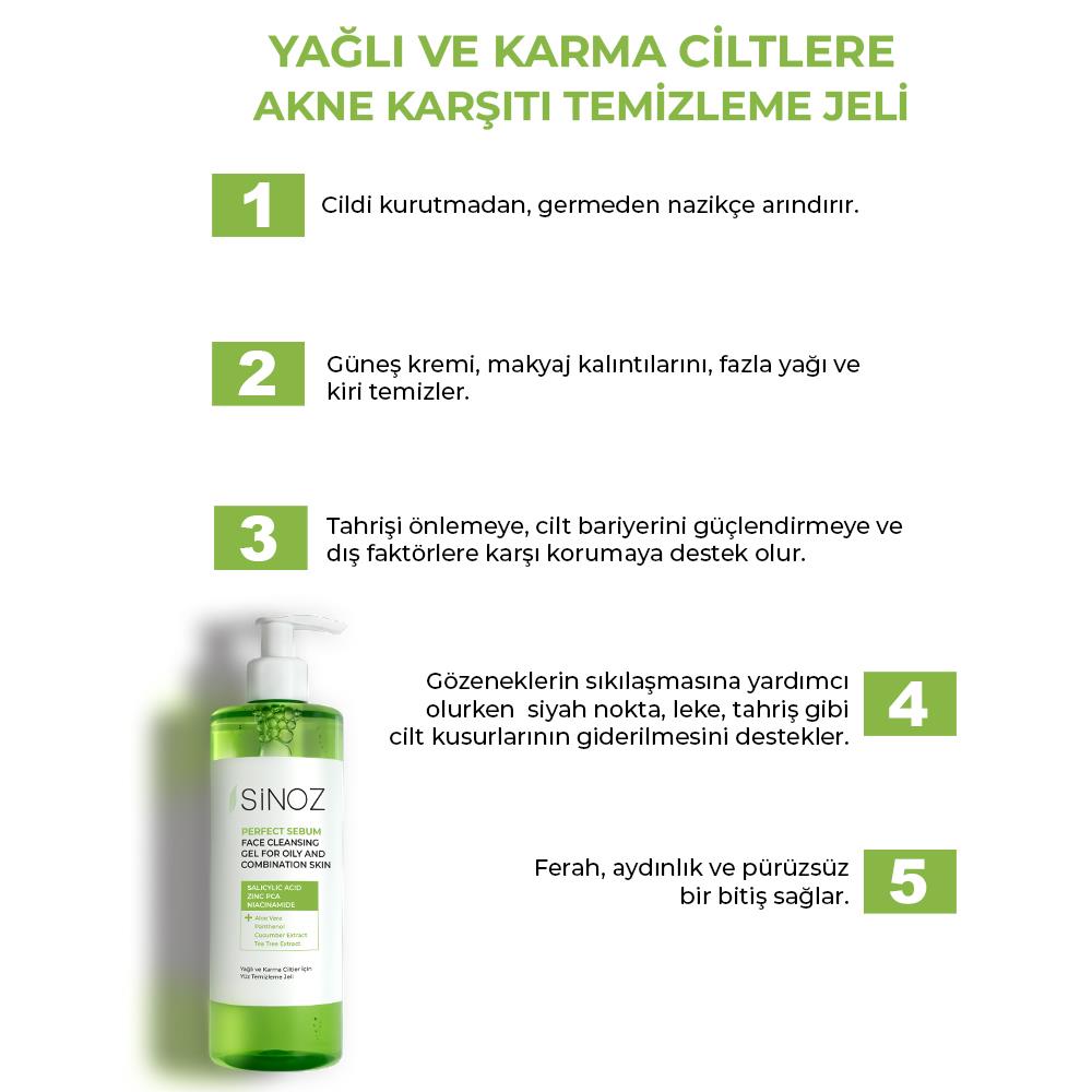 Sinoz Yağlı ve Karma Ciltler için Sebum Dengeleyici Yüz Temizleme Jeli 400 ml