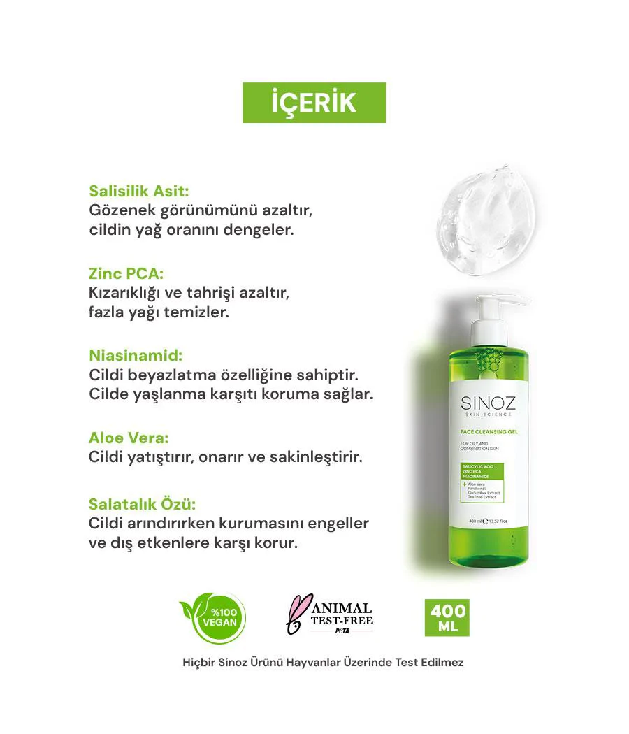 Sinoz Yal ve Karma Ciltler iin Sebum Dengeleyici Yz Temizleme Jeli 400  ml