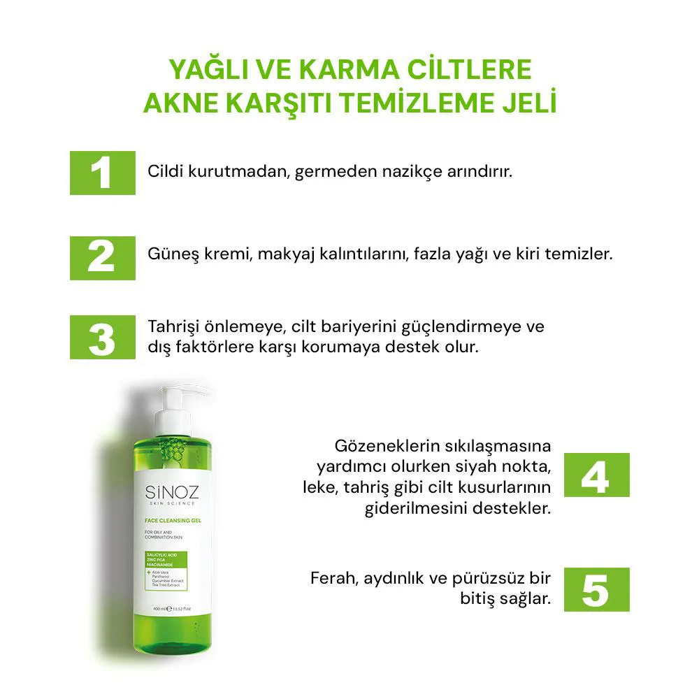 Sinoz Yağlı ve Karma Ciltler için Sebum Dengeleyici Yüz Temizleme Jeli 400 ml