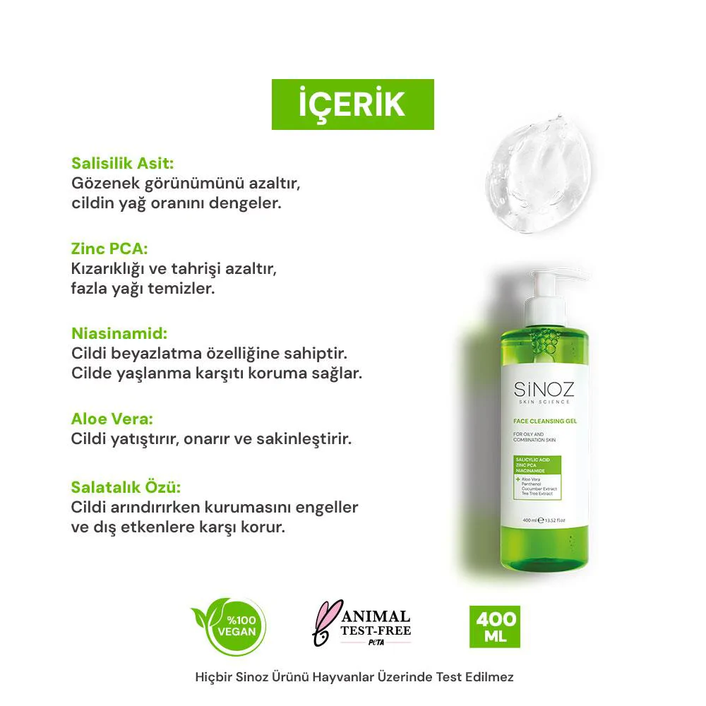 Sinoz Yağlı ve Karma Ciltler için Sebum Dengeleyici Yüz Temizleme Jeli 400 ml