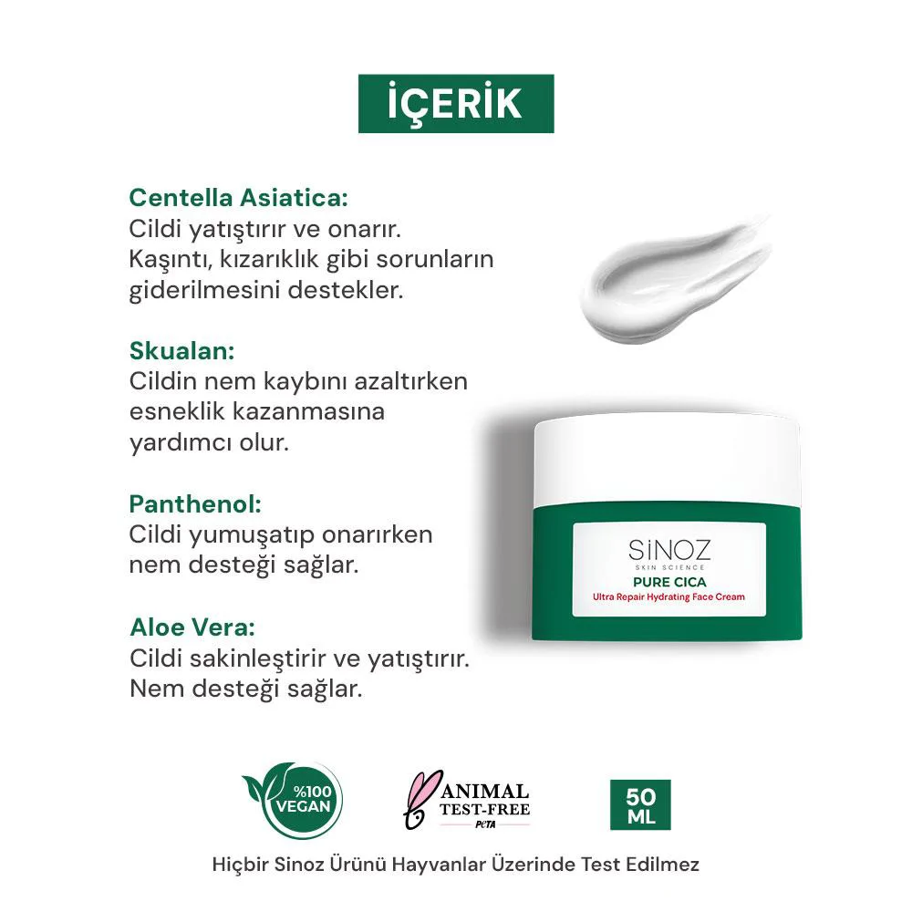Sinoz Pure Cica Yoğun Onarıcı Yatıştırıcı Nemlendirici Bakım Kremi 50 ml