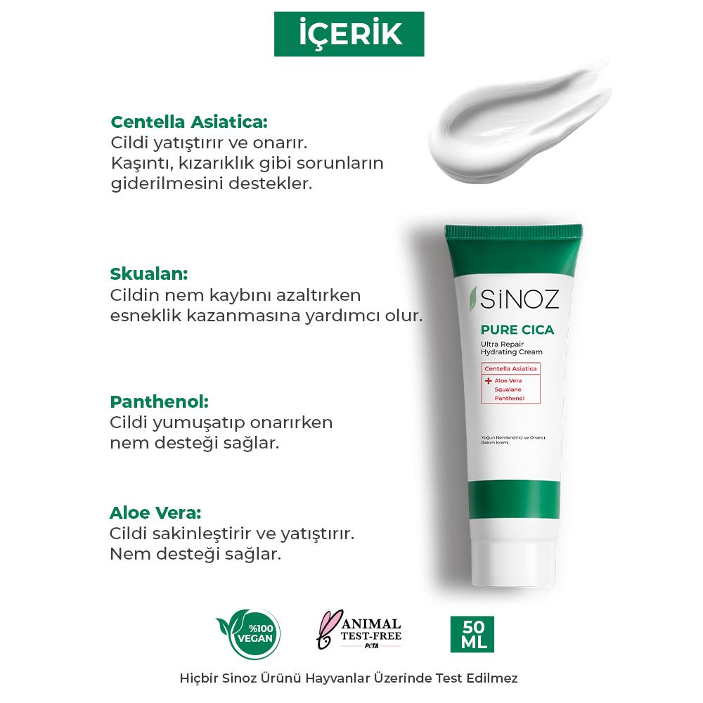 Sinoz Pure Cica Yoğun Onarıcı Yatıştırıcı Nemlendirici Bakım Kremi 50 ml Tahriş Olmuş Hasarlı Ciltler İçin