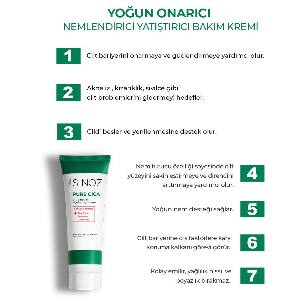 Sinoz Pure Cica Yoğun Onarıcı Yatıştırıcı Nemlendirici Bakım Kremi 50 ml Tahriş Olmuş Hasarlı Ciltler İçin