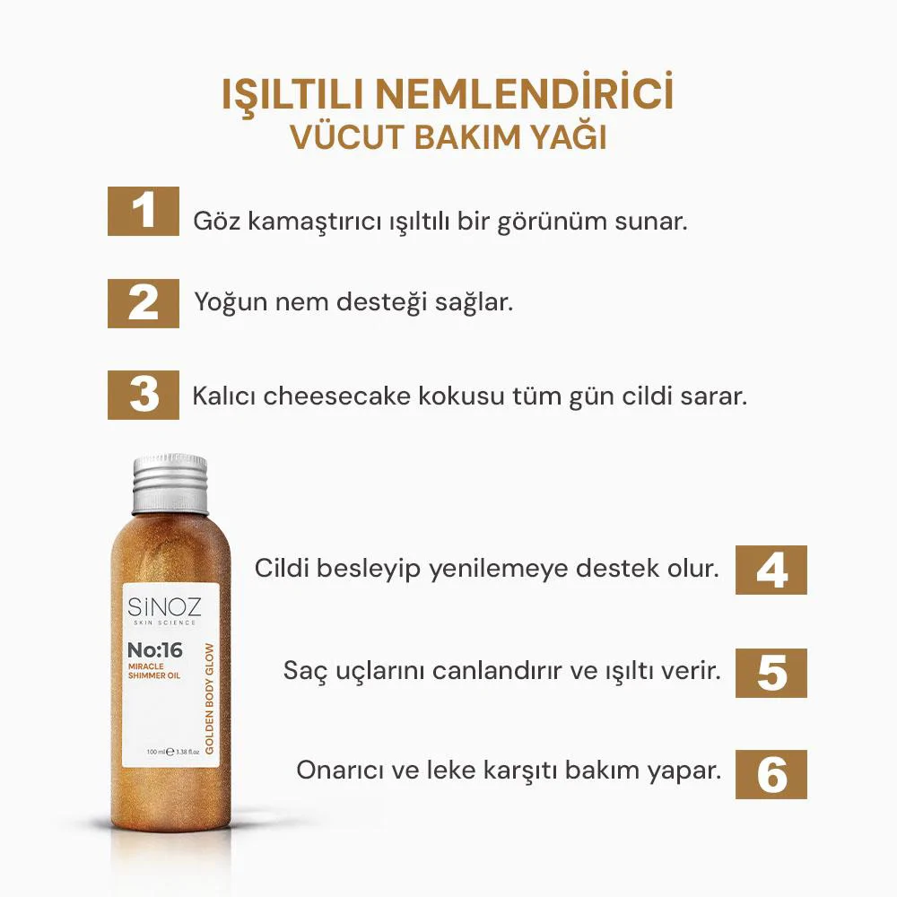 Sinoz No:16 Mucizevi Işıltılı Vücut Bakım Yağı - Parıltılı Nemlendirici Bakım 100 ml