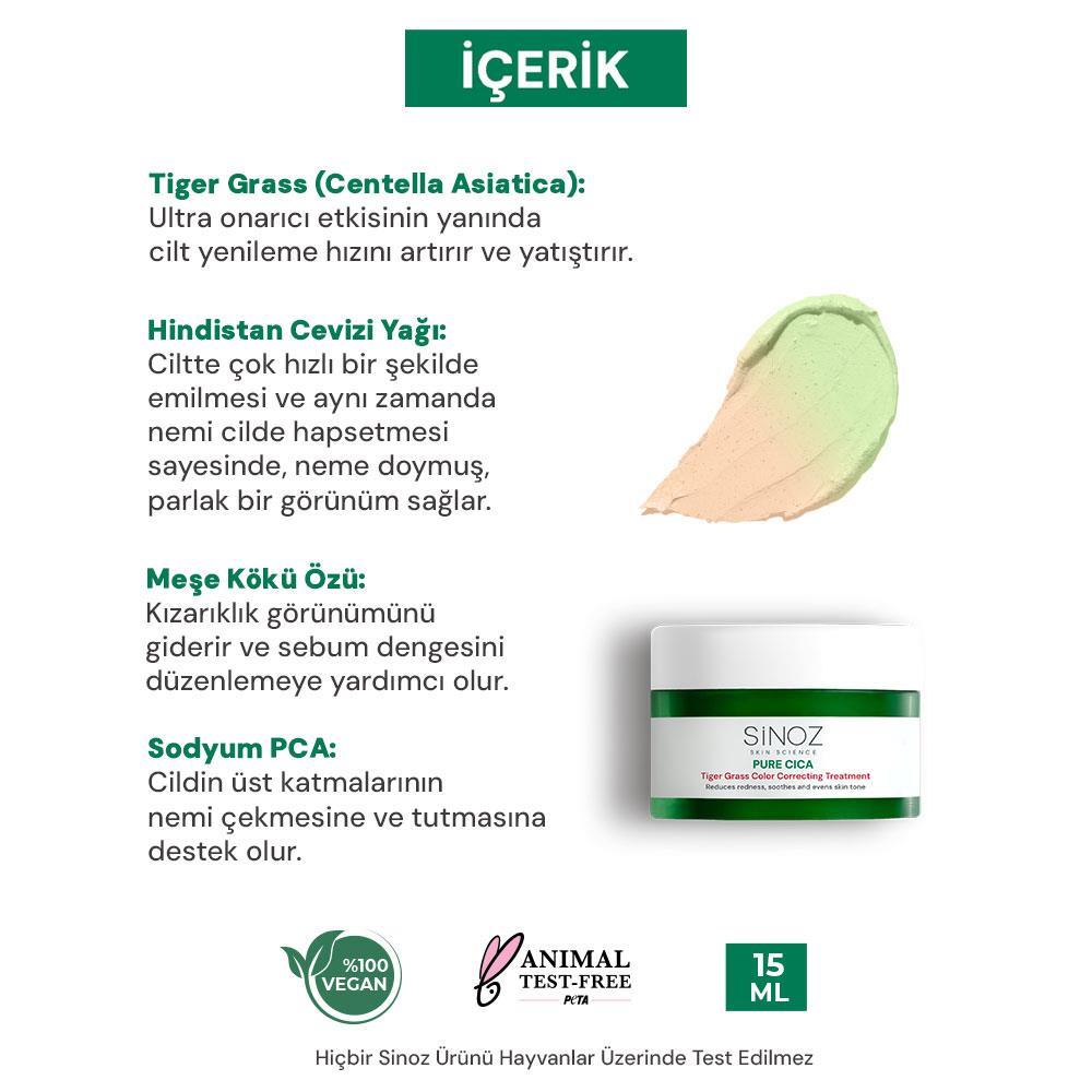 Sinoz Pure Cica Tiger Grass Anında Ton Eşitleyici Yoğun Onarıcı ve Kızarıklık Karşıtı Yüz Kremi 15 ml