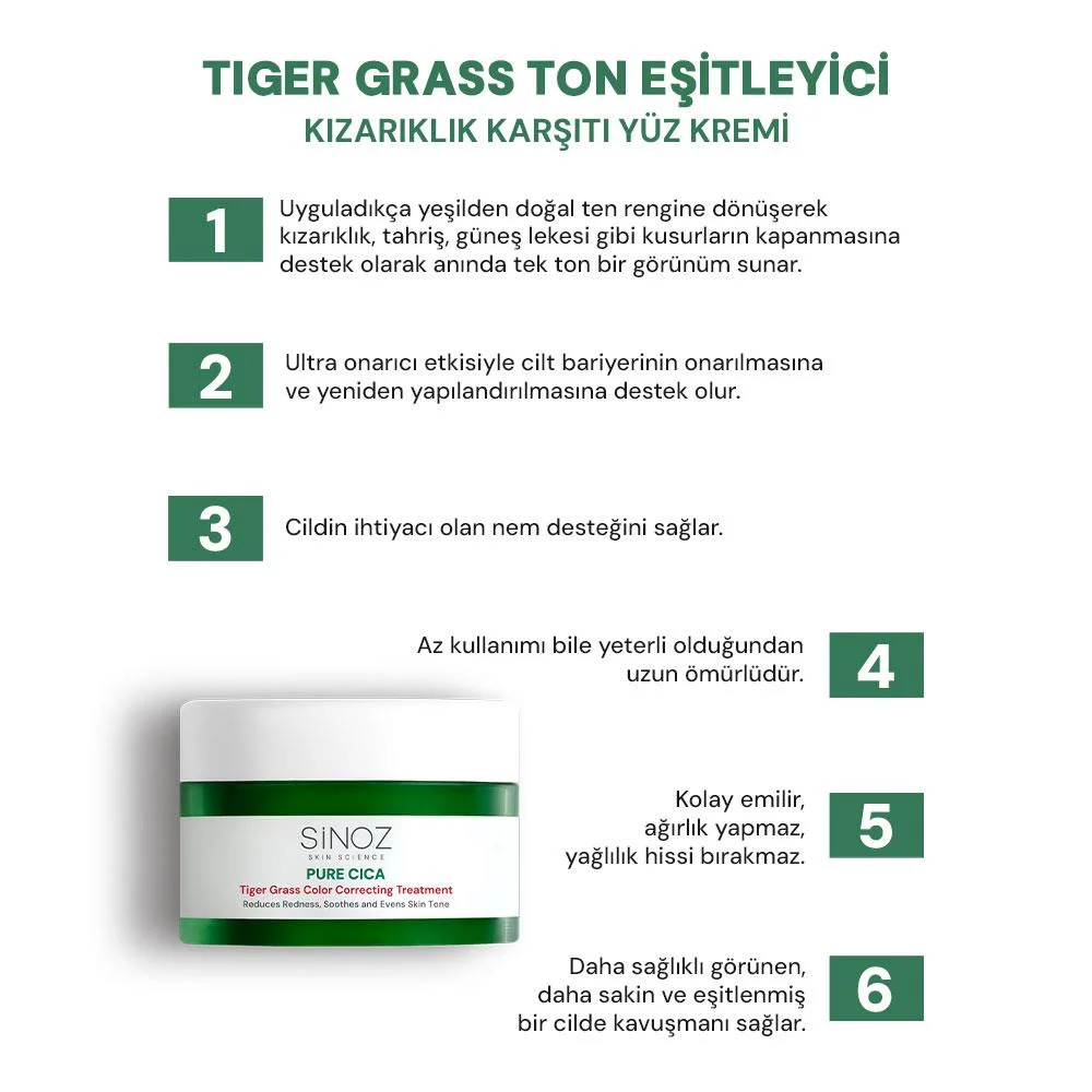 Sinoz Pure Cica Tiger Grass Anında Ton Eşitleyici Yoğun Onarıcı ve Kızarıklık Karşıtı Yüz Kremi 15 ml