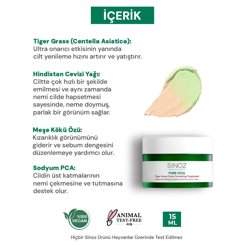 Sinoz Pure Cica Tiger Grass Anında Ton Eşitleyici Yoğun Onarıcı ve Kızarıklık Karşıtı Yüz Kremi 15 ml