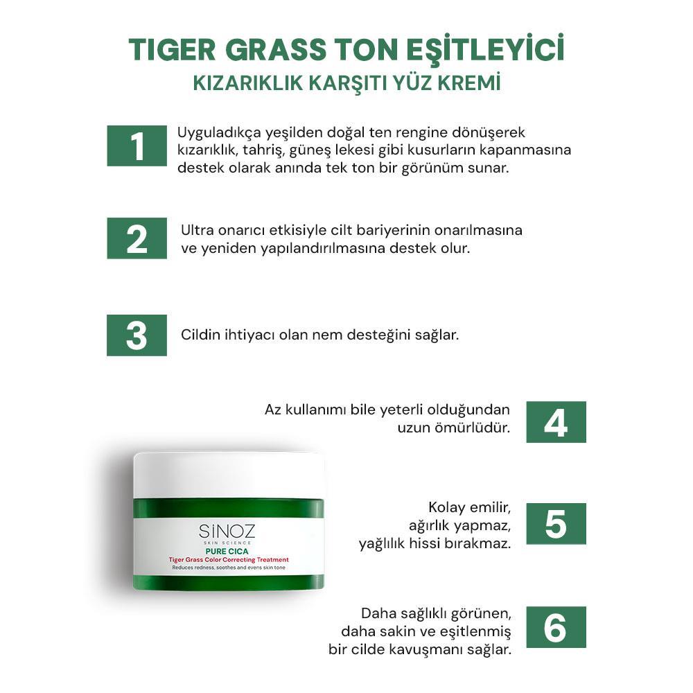 Sinoz Pure Cica Tiger Grass Anında Ton Eşitleyici Yoğun Onarıcı ve Kızarıklık Karşıtı Yüz Kremi 15 ml