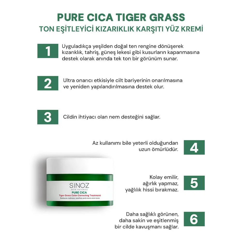 Sinoz Pure Cica Tiger Grass Anında Ton Eşitleyici Yoğun Onarıcı ve Kızarıklık Karşıtı Yüz Kremi 15 ml