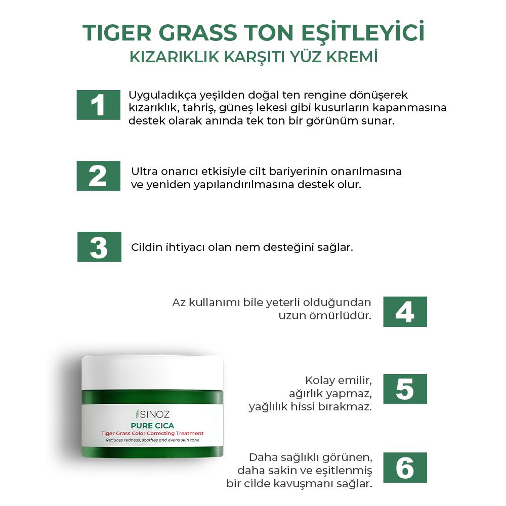 Sinoz Pure Cica Tiger Grass Ton Eşitleyici Yoğun Onarıcı Yatıştırıcı Kızarıklık Karşıtı Yüz Kremi 15 ml