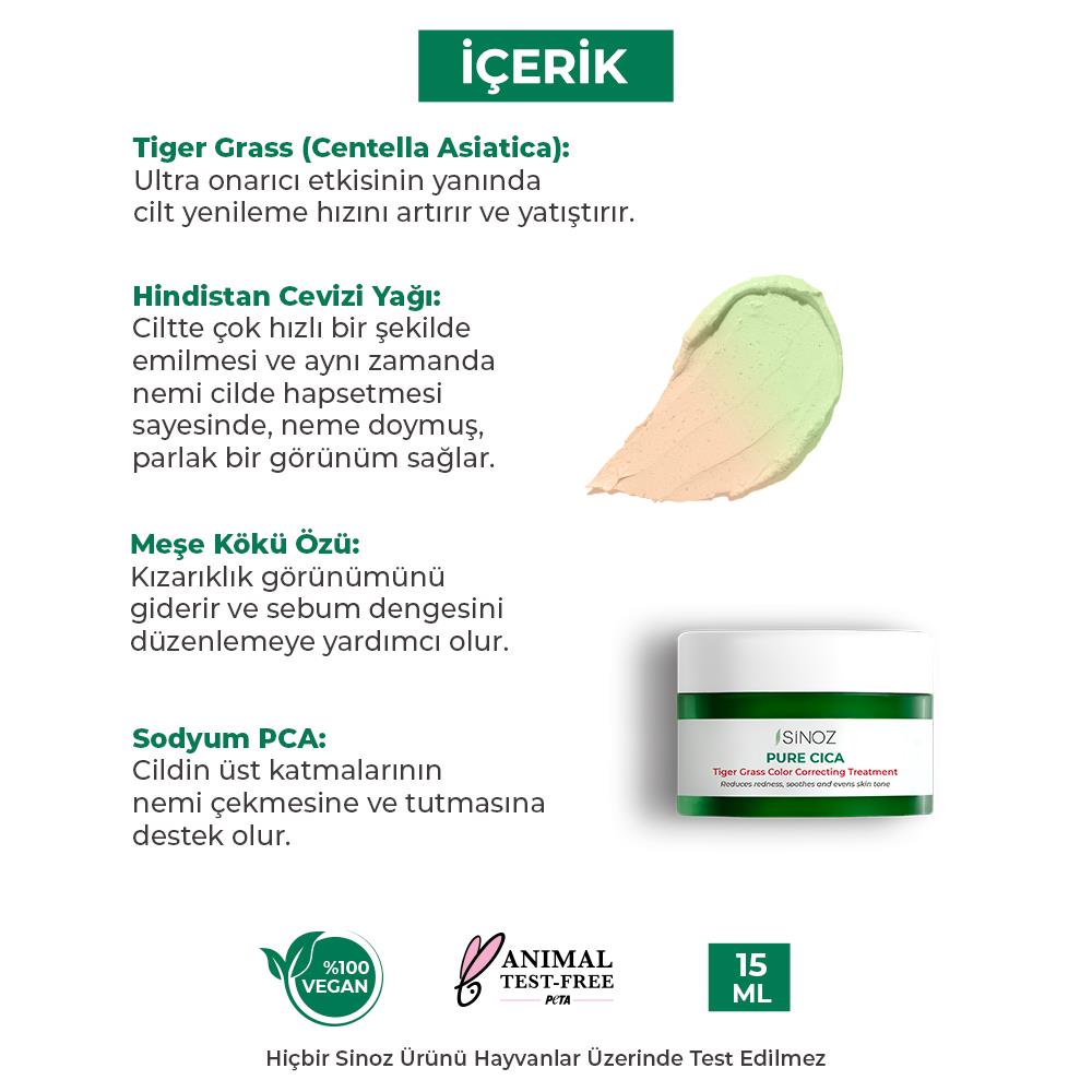 Sinoz Pure Cica Tiger Grass Ton Eşitleyici Yoğun Onarıcı Yatıştırıcı Kızarıklık Karşıtı Yüz Kremi 15 ml