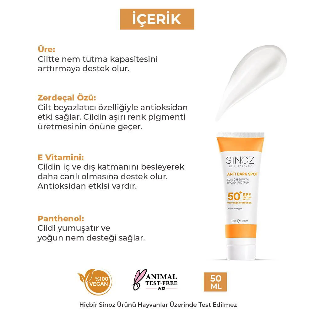 Sinoz Leke Karşıtı SPF50+ Güneş Kremi - Normal ve Kuru Ciltlere 50 ml