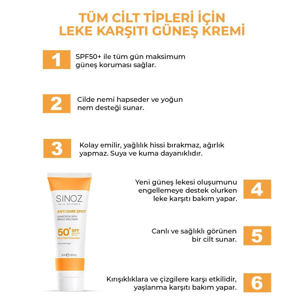 Sinoz Leke Karşıtı SPF50+ Güneş Kremi - Normal ve Kuru Ciltlere 50 ml