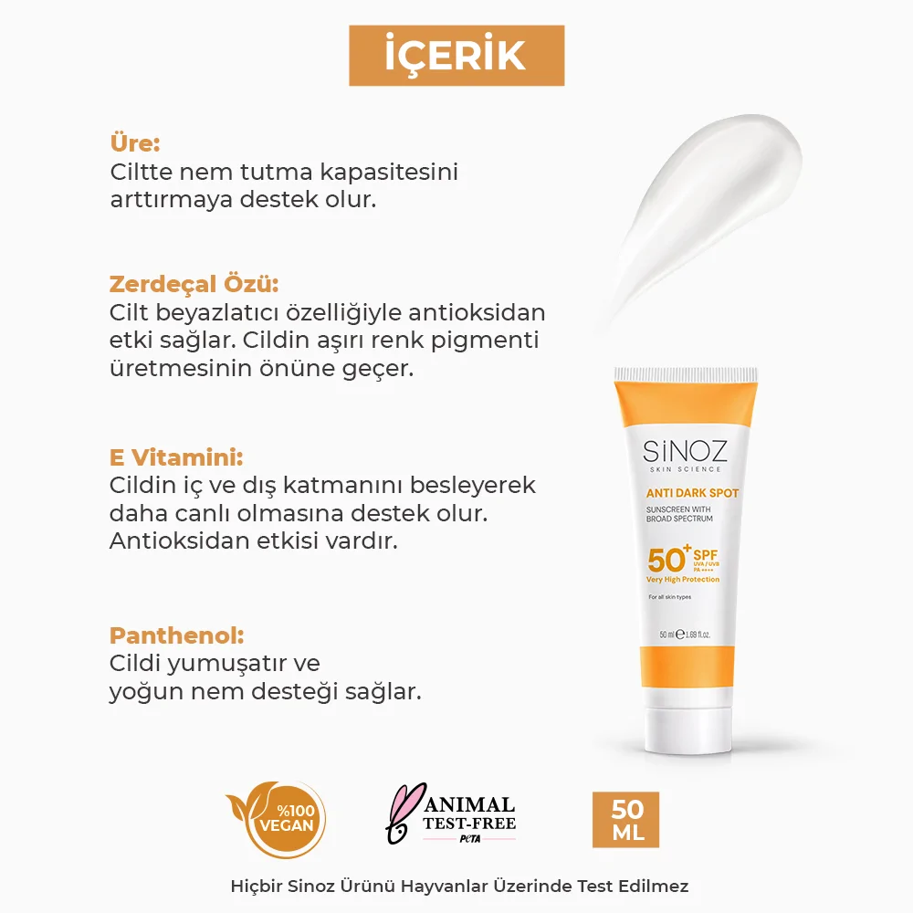 Sinoz Leke Karşıtı SPF50+ Güneş Kremi - Tüm Ciltler İçin 50 ml