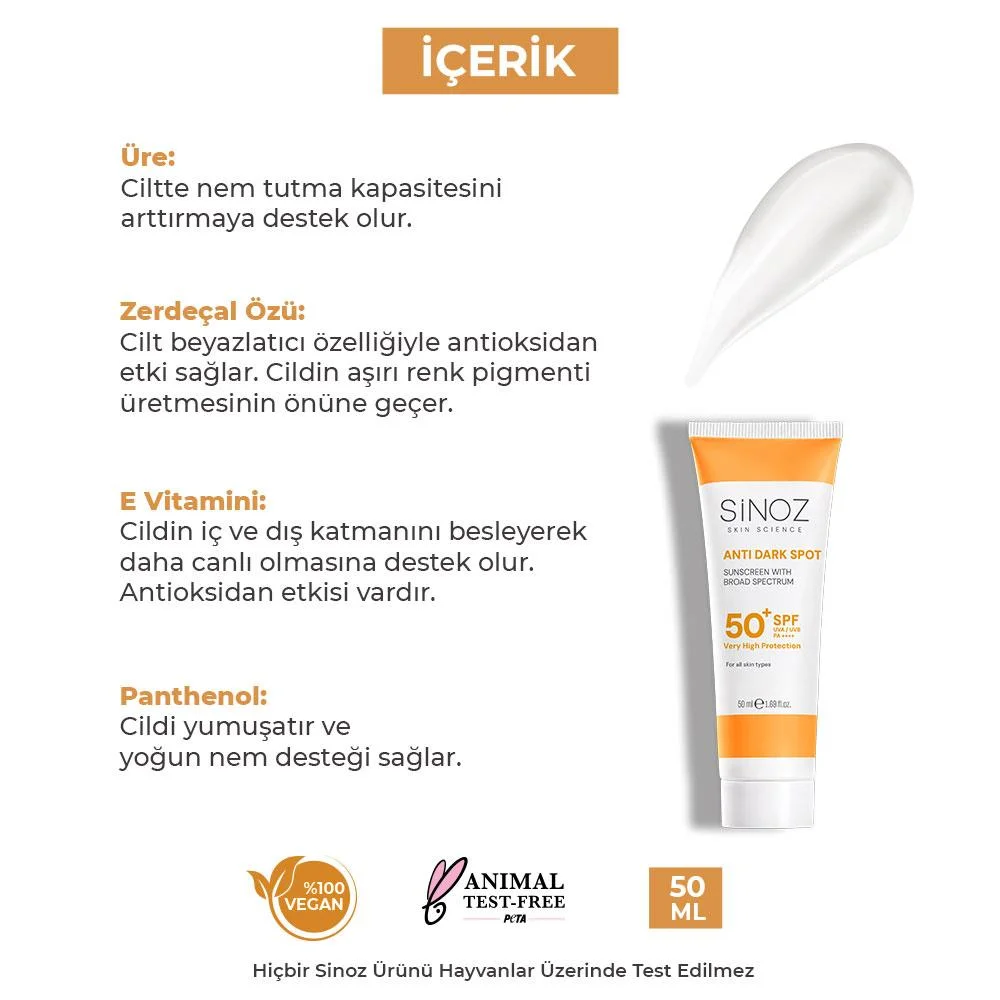 Sinoz Leke Karşıtı SPF50+ Güneş Kremi - Tüm Ciltler İçin 50 ml