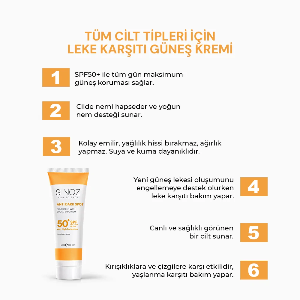 Sinoz Leke Karşıtı SPF50+ Güneş Kremi - Tüm Ciltler İçin 50 ml